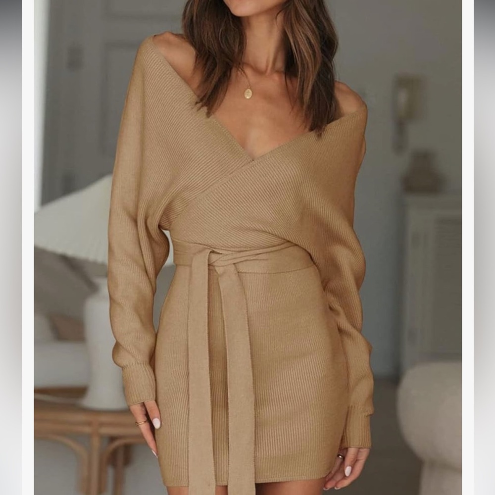 Zesica Camel Knit Wrap Dress